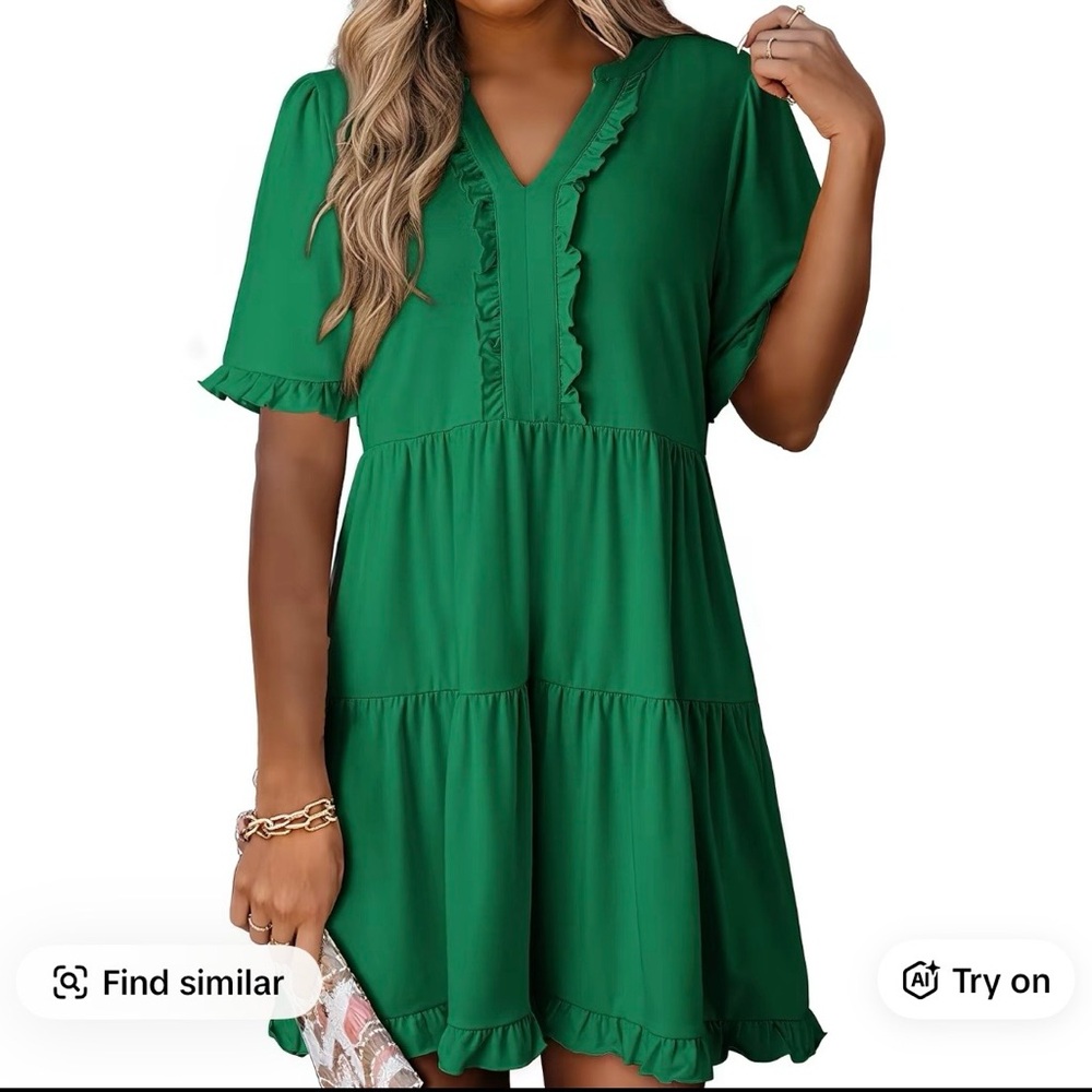 Green Ruffled V-Neck Dress Size L - Picture 3 of 3